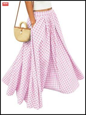 Womens Gingham Plaid Maxi Skirt Flowy A-Line Flared Summer Long Skirt
